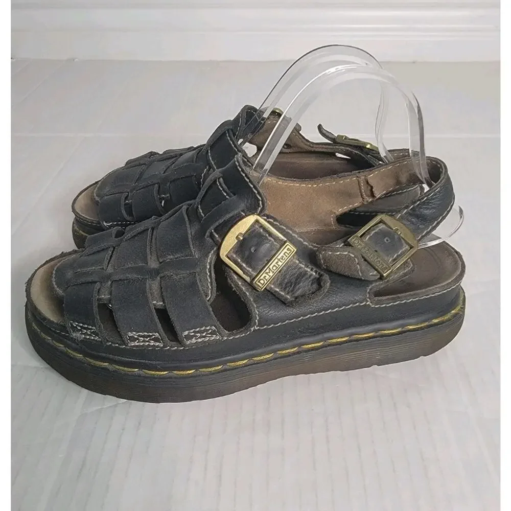 DR MARTENS Y2K Vtg UK 10 Black Distressed Leather Fisherman Sandals England